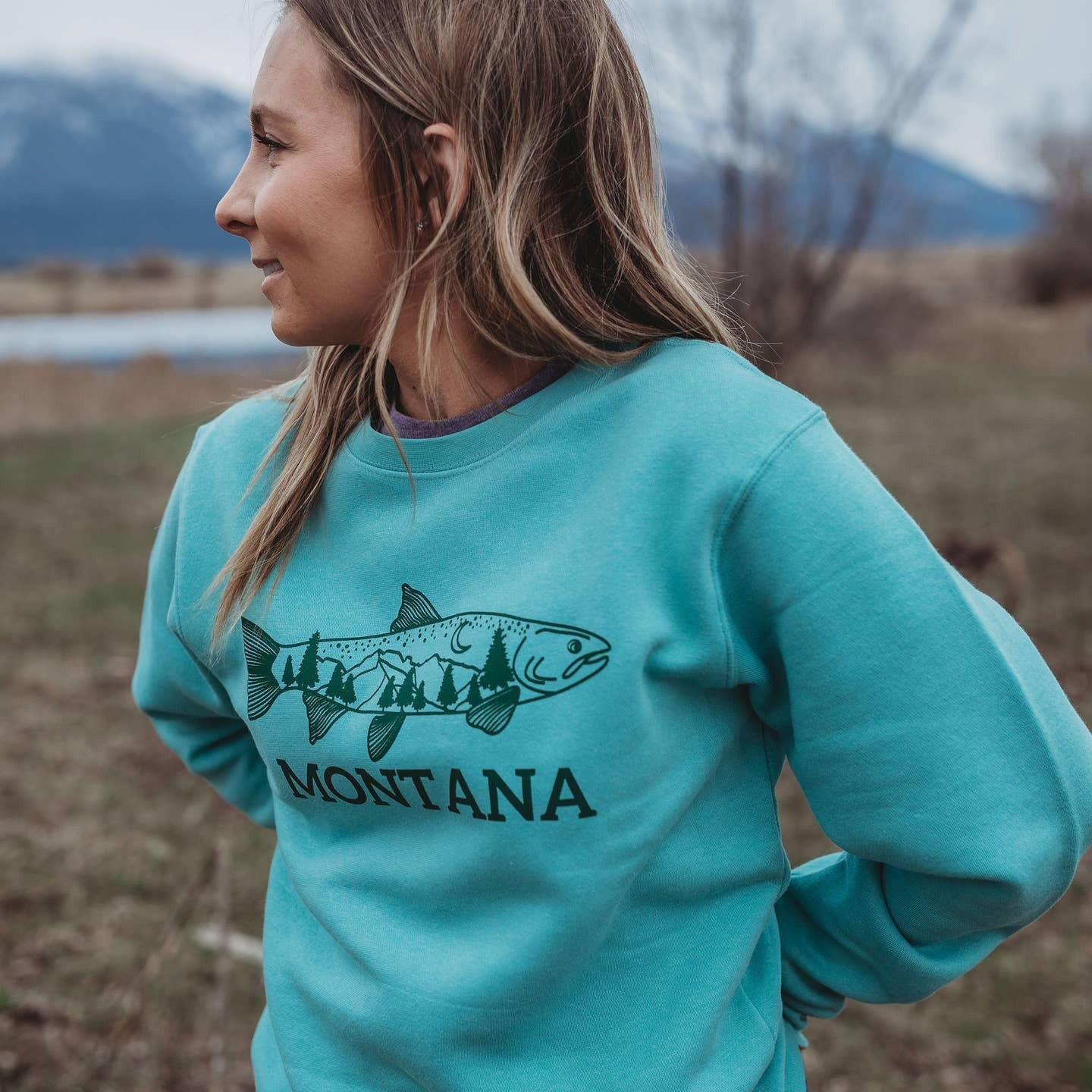Made of Mountains - Adult Crew - Fish MT Saltwater Teal