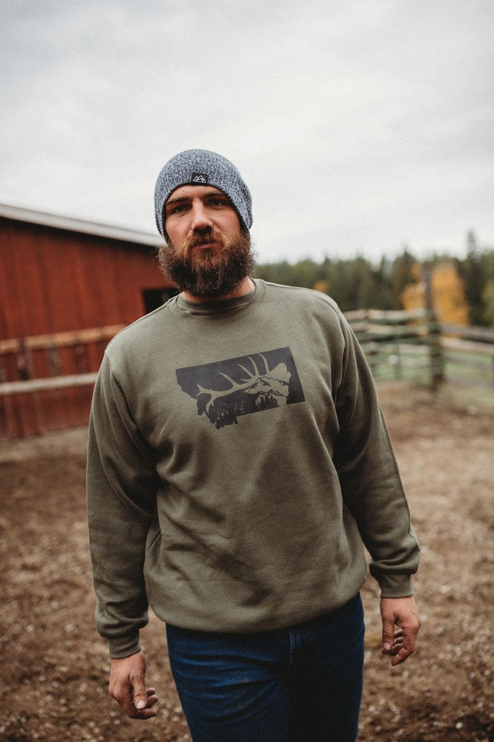 Made of Mountains - Adult Crew Sweatshirt - bugling Elk - Military Green
